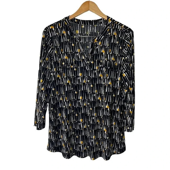 Jones New York Stretch Blouse Geometric Striped Pattern Black White Mustard Top - Picture 1 of 5